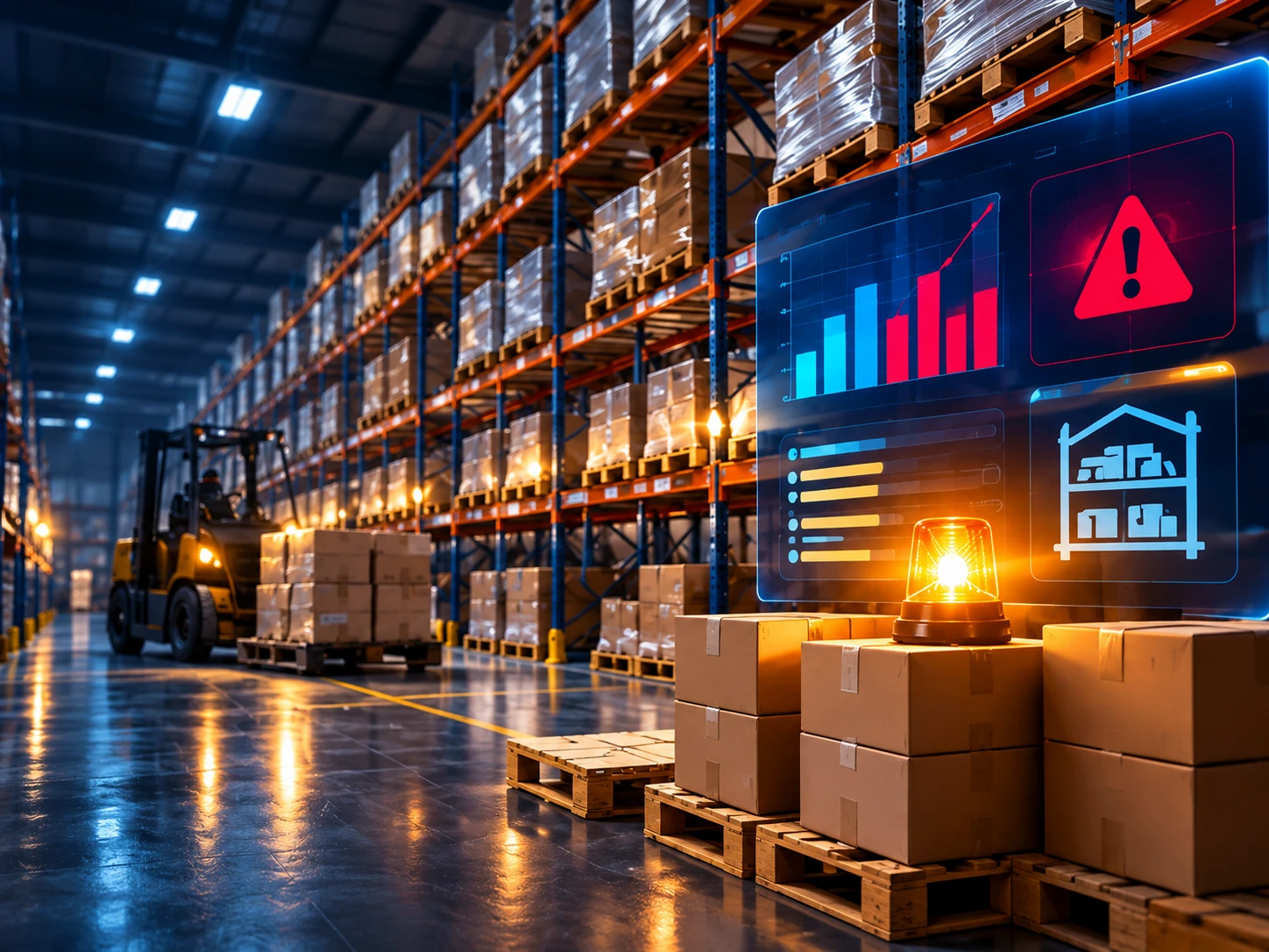 Warehouse stock and pallets with an amber warning beacon and an illustrative inventory-risk display